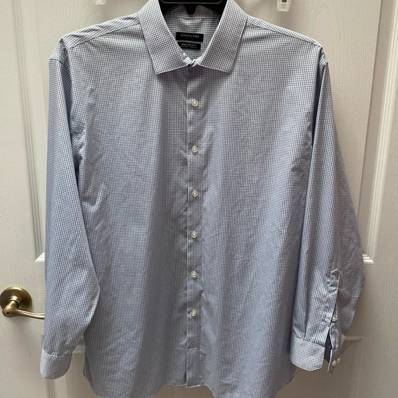 F mens Kenneth Cole blue check button down no iron shirt size 17 - Picture 1 of 4
